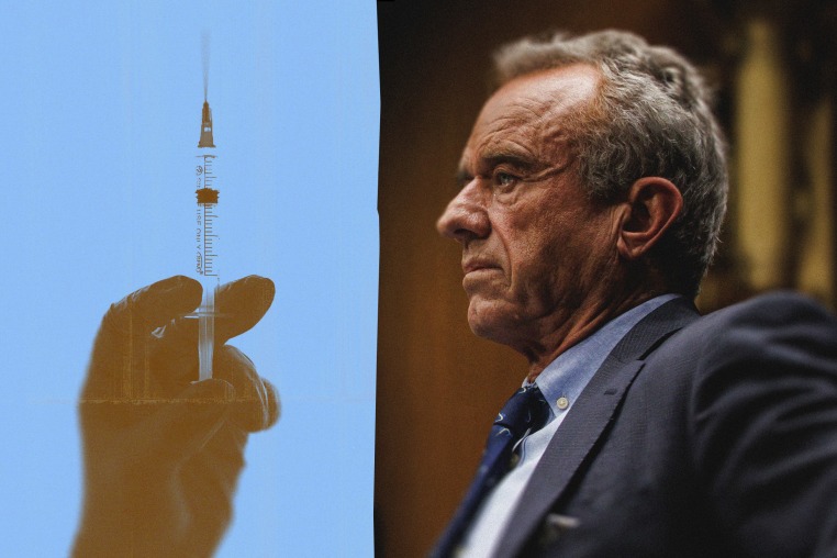 RFK Jr at a hearing; a inverted gloved hand holding a vaccination syringe.