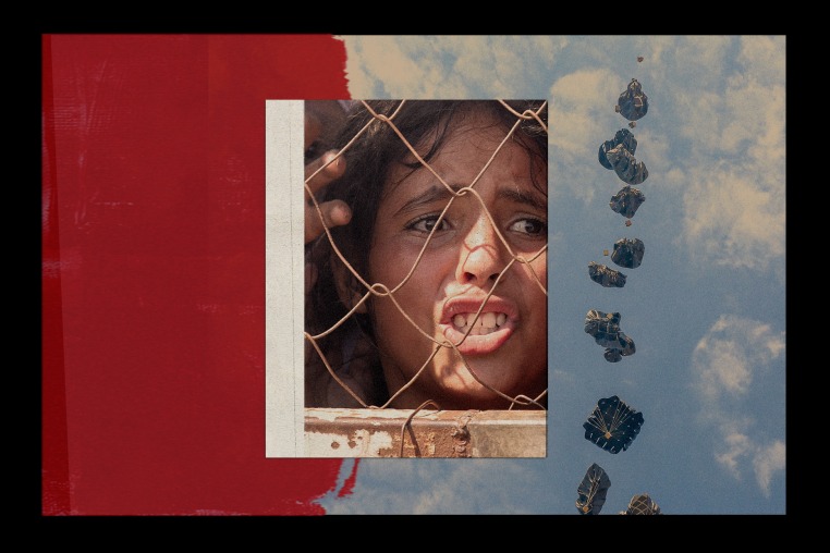 Photo illustration of a young girl behind a fence in the southern Gaza Strip; against background imagery of a blue sky with parachutes of supplies alongside a dark red brush stroke 