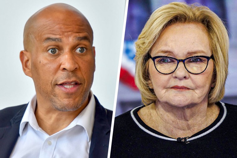 A split composite of Cory Booker and ClaireMcCaskill.