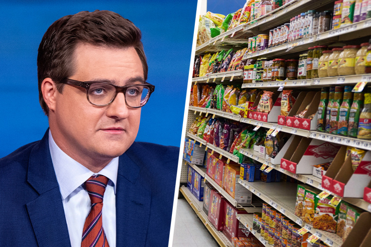 A split composite image of Chris Hayes and grocery store shelves