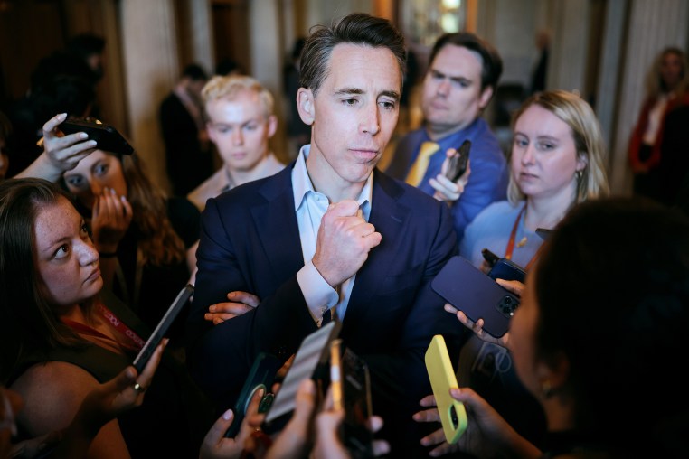 Josh Hawley speaks with reporters
