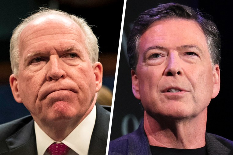 Composite image. Left: Former Director of the U.S. Central Intelligence Agency (CIA) John Brennan testifies before the House Permanent Select Committee on Intelligence on Capitol Hill, May 23, 2017 in Washington, DC. RIGHT: James Comey speaks onstage during Former FBI Director James Comey In Conversation With MSNBC's Nicolle Wallace at 92NY on May 30, 2023 in New York City.