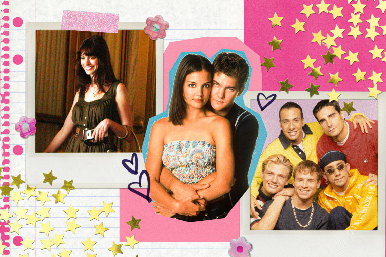 Collage of Anne Hathaway, Katie Holmes and Joshua Jackson, and The Basckstreet Boys surrounder by glitter and stickers.