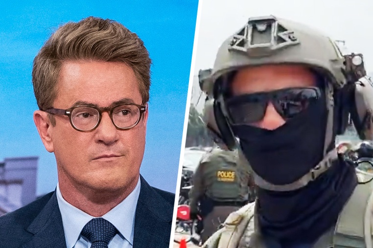 Side by side of Joe Scarborough and a screenshot from video of a Border Patrol Officer outside Gavin Newsom's press conference. 