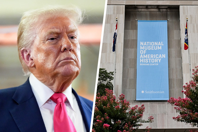 A split composite image of President Donald Trump, left, and  Smithsonian's National Museum of American History