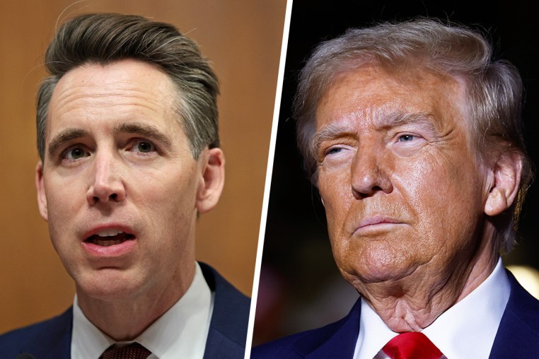 LEFT:  U.S. Sen. Josh Hawley (R-MO) speaks during a Senate Judiciary Committee hearing with Sarah Wynn-Williams, former Director of Global Public Policy at Facebook, in the Dirksen Senate Office Building on Capitol Hill on April 09, 2025 in Washington, DC. (Photo by Win McNamee/Getty Images)
RIGHT: ATLANTA, GEORGIA - OCTOBER 28: Republican presidential nominee, former U.S. President Donald Trump speaks at a campaign rally at McCamish Pavilion on October 28, 2024 in Atlanta, Georgia. (Photo by Anna Moneymaker/Getty Images)