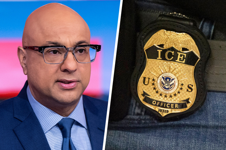 A split composite image of Ali Velshi, left, and an ICE badge.