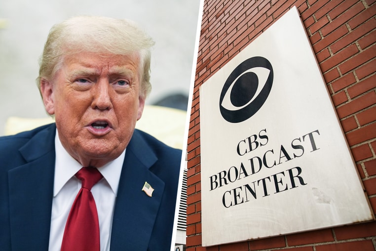 A split composite image of President Donald Trump, left, and CBS signage.