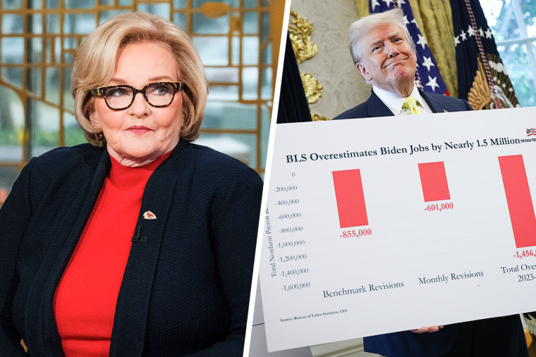 A split composite image of Claire McCaskill, left, and Donald Trump holding a large chart