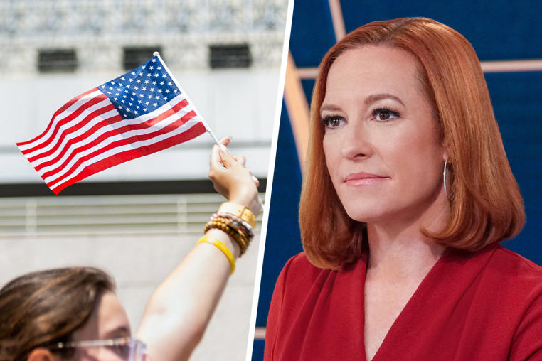 A split composite image of someone holding an American flag, left, and Jen Psaki.