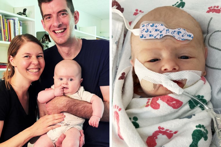 A side by side of Madison and Andrew Dryden with Gilbert and Gilbert at the hospital.