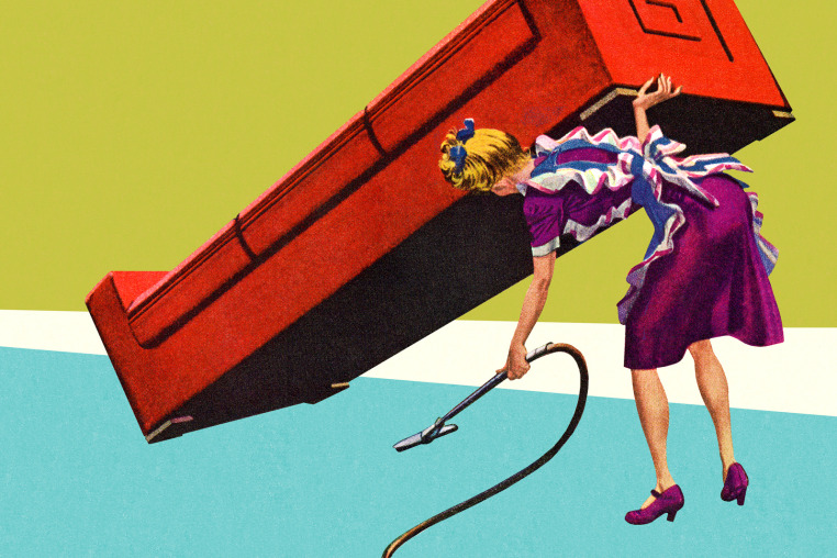 An illustration of a Woman Vacuuming Under a Sofa while lifting it up