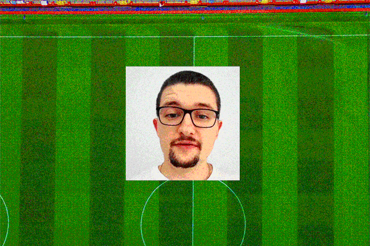 Animated GIF of a man's hair growing longer against the background of a soccer field 