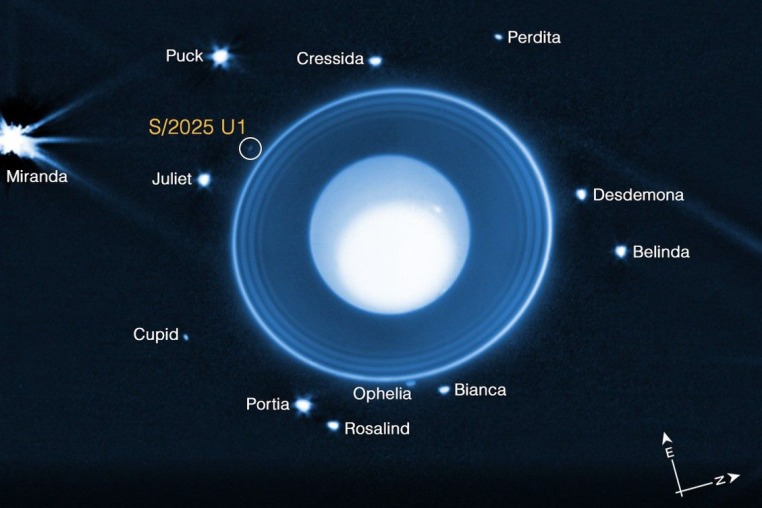 The moon, designated S/2025 U1, as well as 13 of the 28 other known moons orbiting the Uranus.