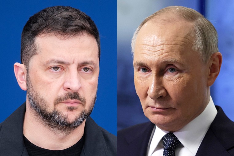 Composite image
Left: President of Ukraine Volodymyr Zelenskyy and the EU Commission President (Unseen) talk to media prior a virtual meeting with EU leaders in the Berlaymont, the EU Commission headquarter on August 17, 2025 in Brussels, Belgium. (Photo by Thierry Monasse/Getty Images)
Right: In this pool photograph distributed by the Russian state agency Sputnik, Russia's President Vladimir Putin meets with participants in Arctic expeditions for children organized by Rosatom, in the Arctic Circle port city of Murmansk on March 27, 2025. (Photo by Gavriil Grigorov / POOL / AFP via Getty Images)