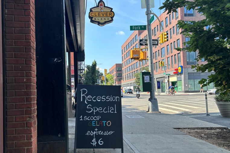 A sign outside Brooklyn coffee shop Clever Blend offers a $6 gelato and espresso “recession special.”