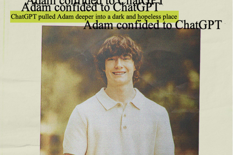 A photo of Adam Raine, 16, framed by correspondence he exchanged with a ChatGPT bot and text from his families lawsuit, including: "Adam confided to ChatGPT," "Chat GPT pulled Adam deeper into a dark and hopeless place."