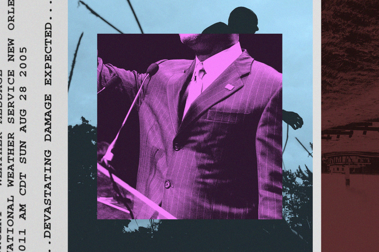 Photo collage of a man standing at a microphone alongside text that reads "devastating damage expected" 