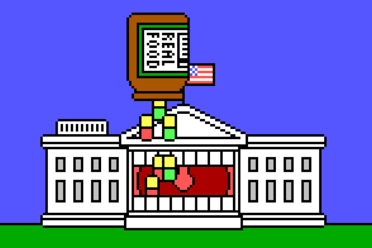 An animated White House gobbles supplements falling from a bottle labeled "REAL FOOD"