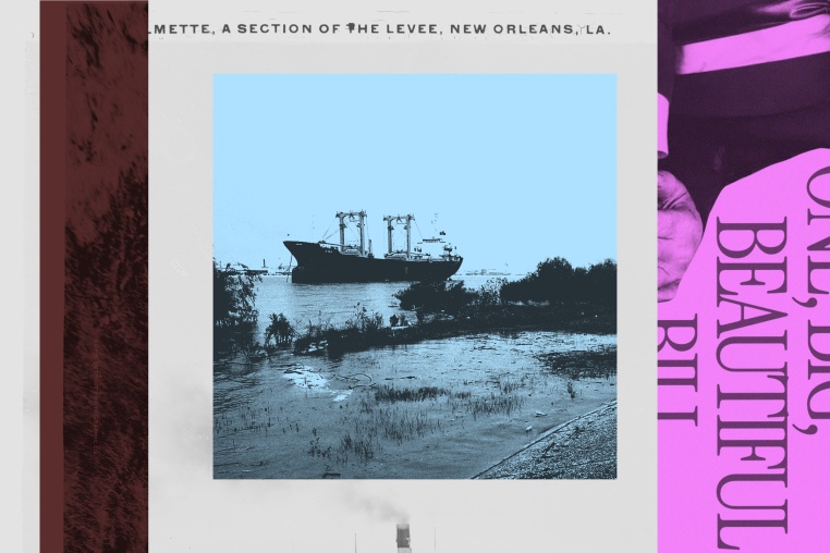 Photo collage depicting an archival image of a levee in New Orleans alongside text that reads "Beautiful Bill" 