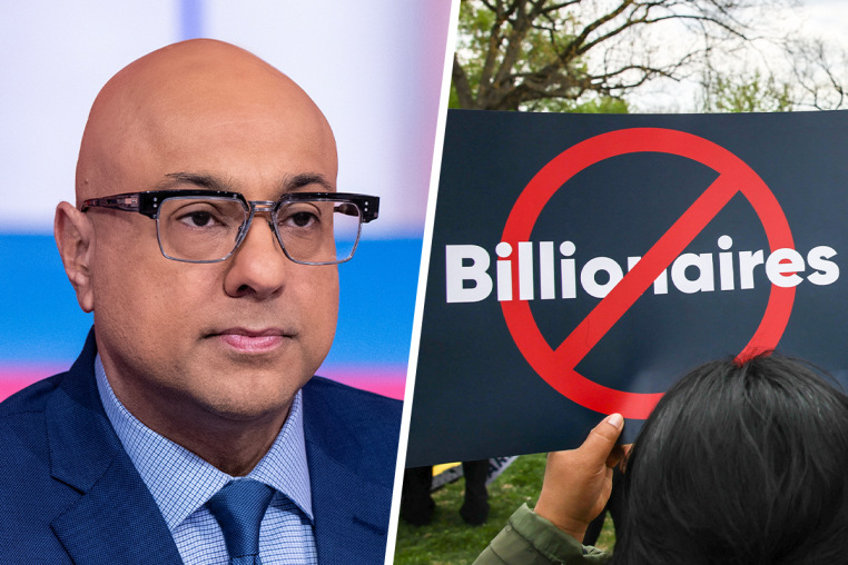 A split composite image of Ali Velshi, left, and a sign with the word billionaires crossed out in a red circle