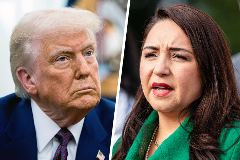 A split composite image of Donald Trump, left, and Delia Ramirez