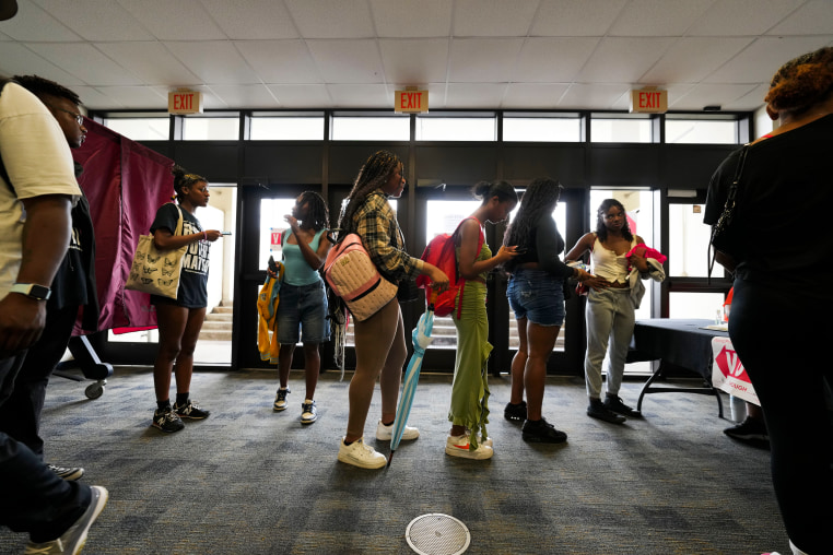 Students line up to vote at a campus polling place at Southern University in Baton Rouge, La.,on Nov. 5, 2024. 