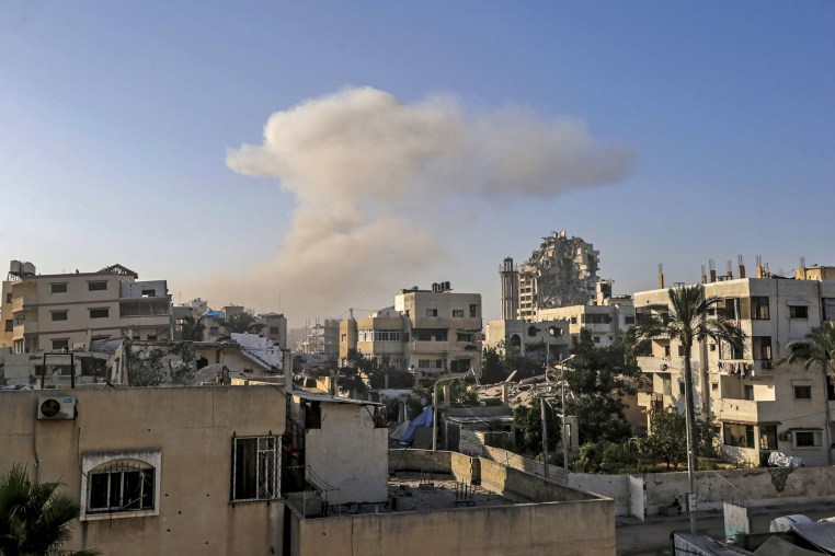 Smoke rises following an Israeli airstrike during a military operation in the Al Sabra neighborhood of Gaza City on Aug. 29, 2025.