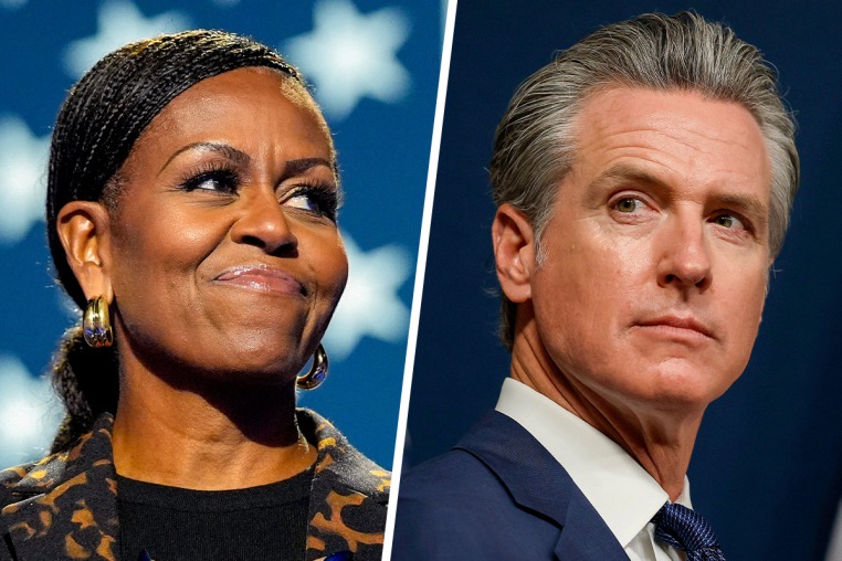 A split composite of Michelle Obama and Gavin Newsom.