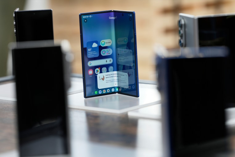 The new Galaxy Z Fold 7 is displayed during a Samsung preview event in New York, Monday, July 7, 2025.