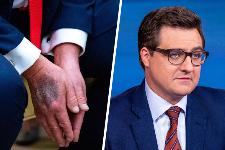 Side by side of a detail shot of Trump's hand and Chris Hayes.