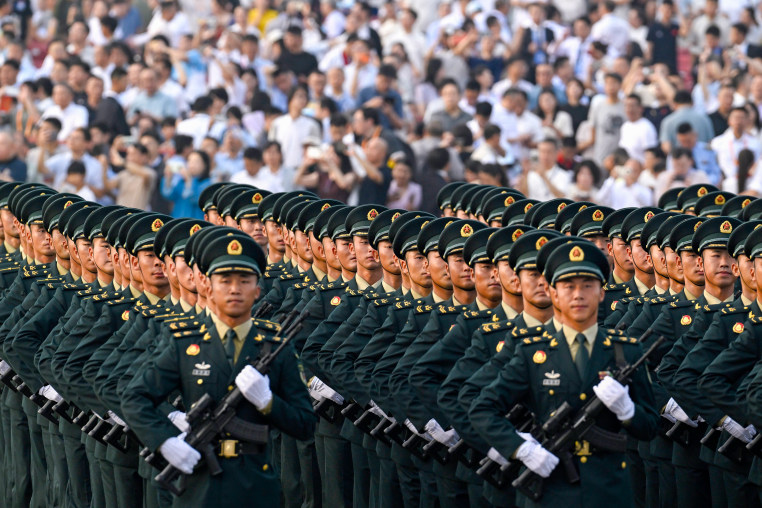 Soldiers rehearse prior to China's military parade.