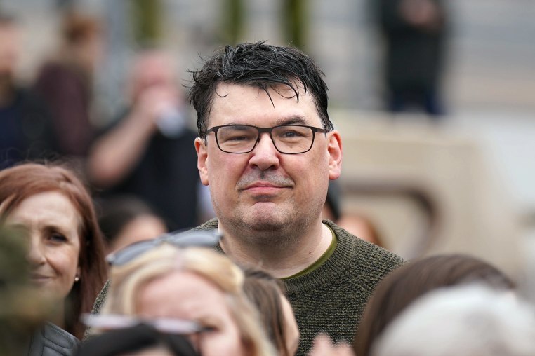 Graham Linehan during a rally in Belfast in 2023.