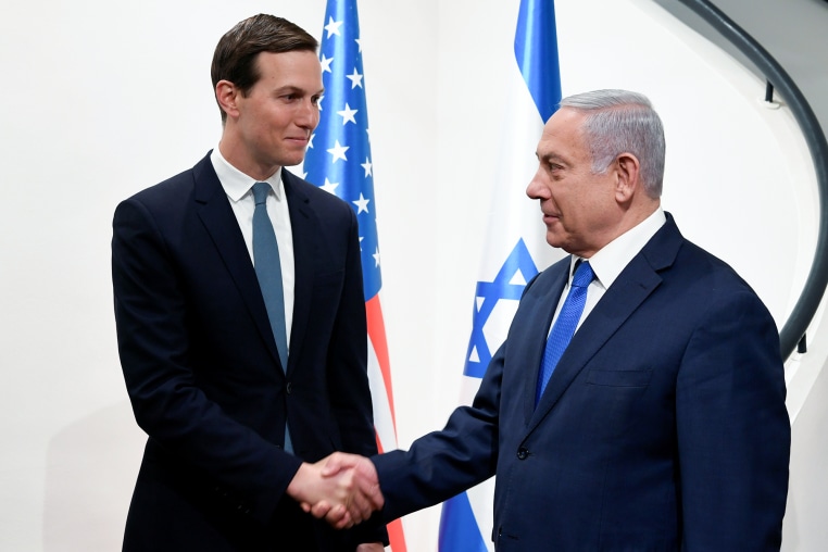 Benjamin Netanyahu, right, shakes hands with advisor Jared Kushner