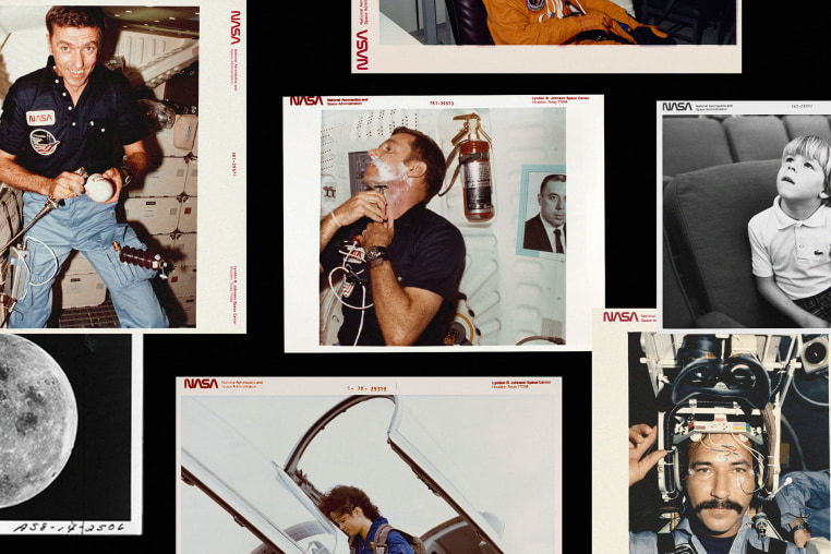 Photo collage of archival NASA images of astronauts in space 