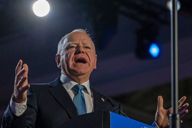 Minnesota Gov. Tim Walz campaigns at State Fair Park on Nov. 4, 2024 in Milwaukee.