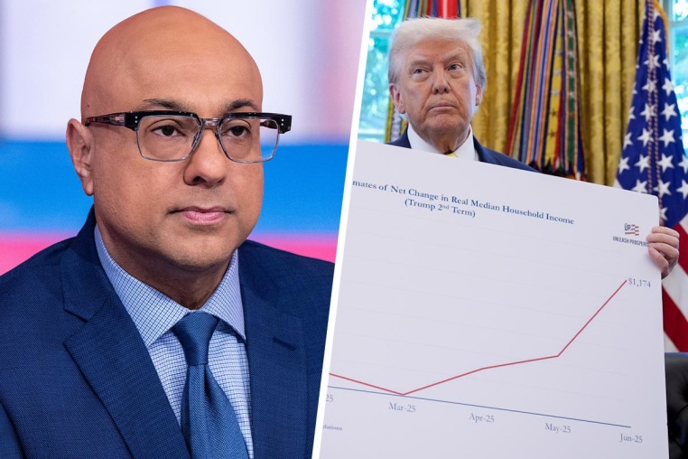 Ali Velshi; President Donald Trump holds a chart on household income.