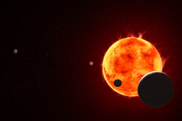 A blazing sun and moon are seen in space next to a much smaller exoplanet on the left