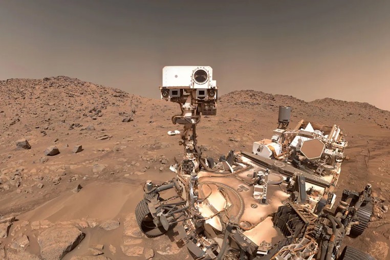 A robot is seen in space