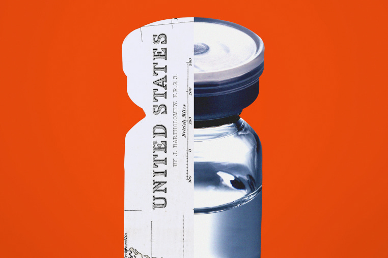A vaccine vial with half of it missing, showing a paper map with "United States" written on it