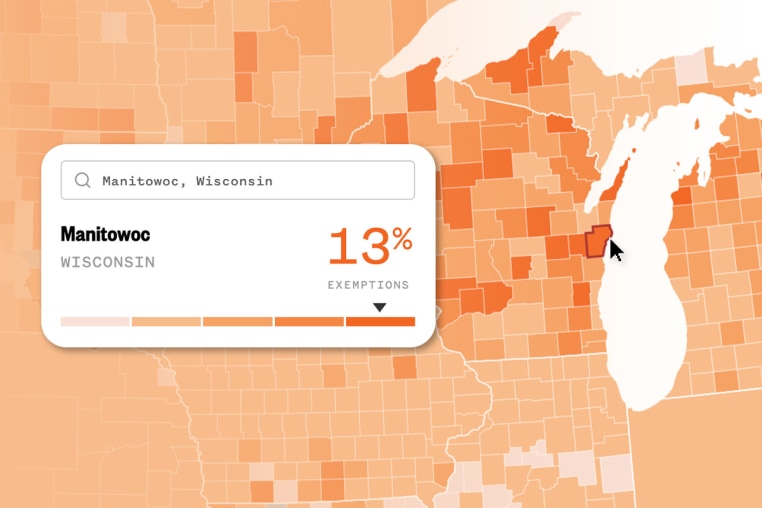 A map highlights Manitowoc County in Wisconsin, of which 13% of exemptions are not medical related.