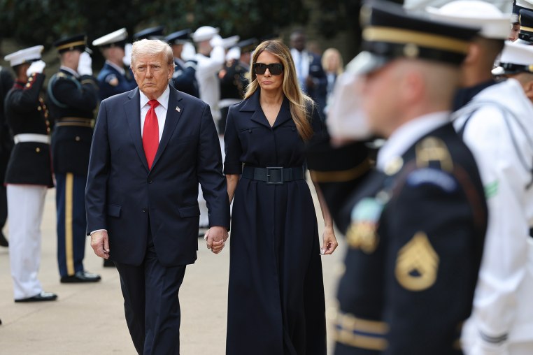 President Donald Trump and first lady Melania Trump attend a September 11th observance event in the courtyard of the Pentagon pn Sept. 11, 2025 in Arlington, Va.