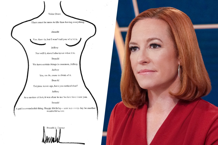 A split composite image of a birthday letter showing text inside of the shape of a woman's body, left, and Jen Psaki