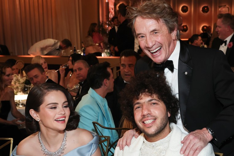 Selena Gomez, Benny Blanco and Martin Short smiling.