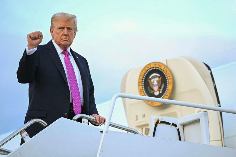 President Donald Trump boards Air Force One in Morristown, N.J., on Sept. 14, 2025 after spending the weekend at his Bedminster residence. 
