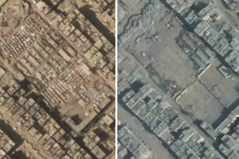 A refugee camp in the Sheik Radwan market parking lot, Gaza City on September 2 and September 16.