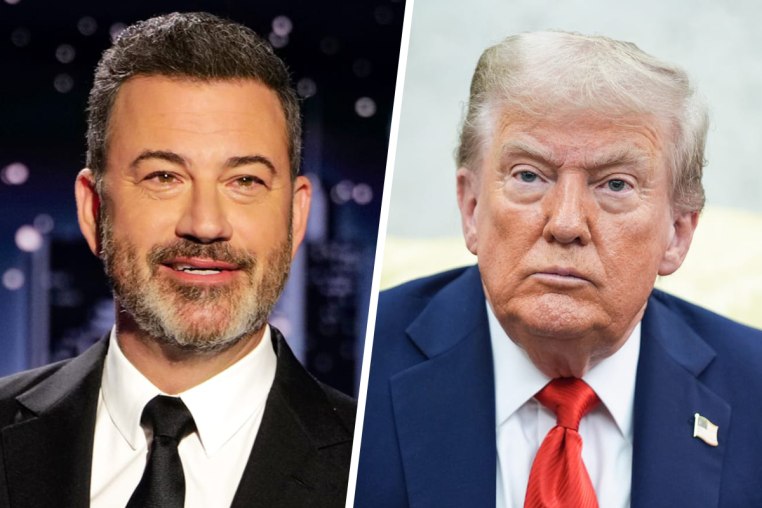 A split composite image of Jimmy Kimmel, left, and Donald Trump