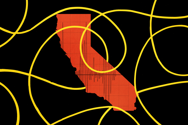 Photo illustration of the state shape of California covered with a network of yellow cables 