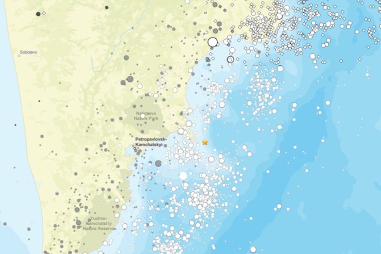 A map showing the location of the epicenter (marked with a star) of the earthquake that struck Saturday, Sept. 13, 2025, near Russia's Kamchatka region. Historic earthquakes are also shown on the map. 