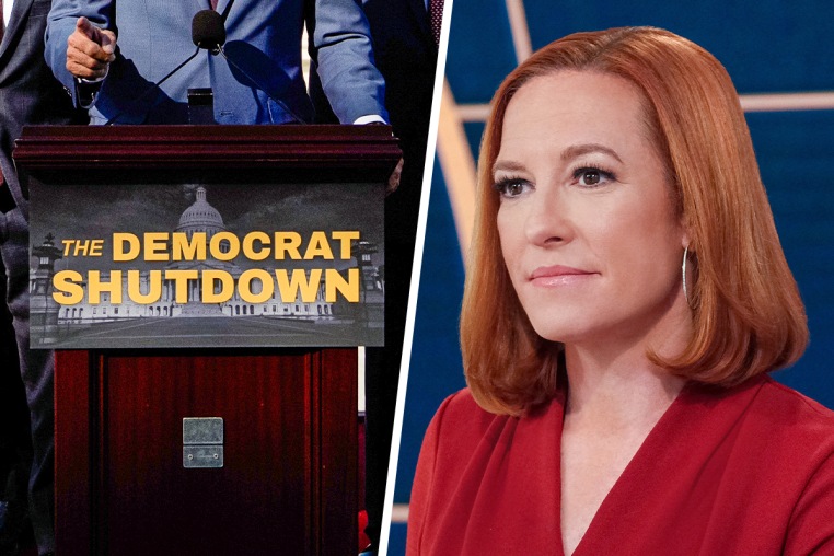 A split composite image of a sign taped to the front of a podium that reads "The Democrat Shutdown", a person, cropped, is pointing their finger behind the podium